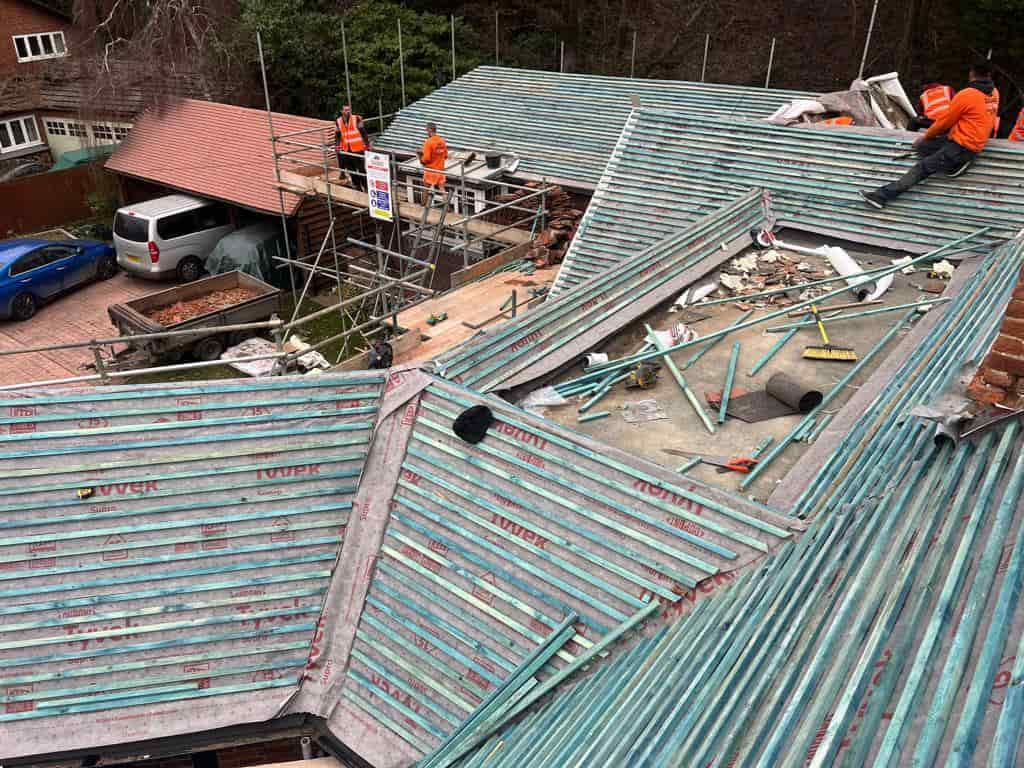 This is a photo of an old roof which has been stripped, and has had new Tyvek covering and battens installed by EF Roofing Doncaster