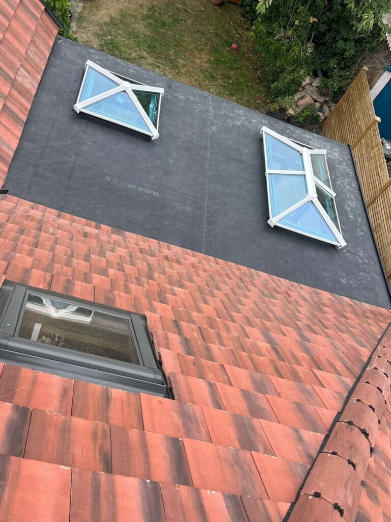 This is a photo of a newly constructed roof, with a combination of pitched and flat construction by EF Roofing Doncaster